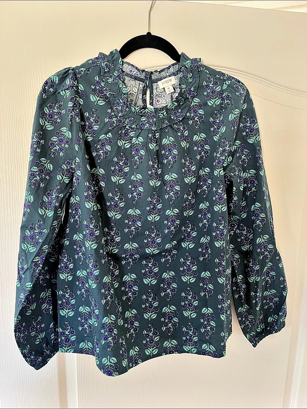 J.Crew Long-sleeve ruffleneck poplin blouse Green & Purple Medium